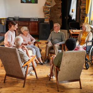 seniors having a conversation at a group home